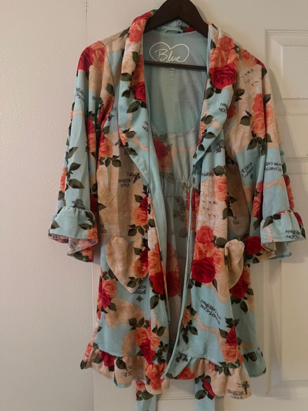 Blue by Betsey Johnson Light Blue Floral Plush Robe with Coral Roses